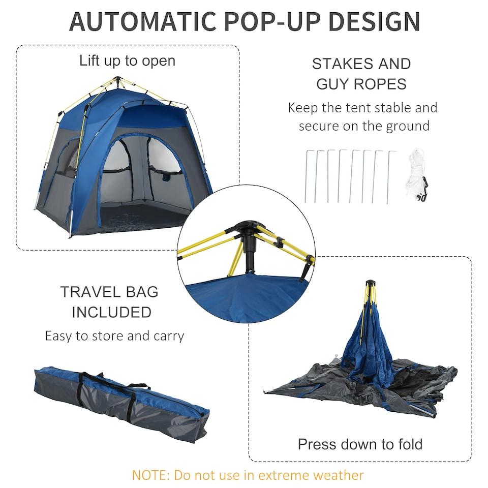 image 1 of Outsunny Four Man Pop Up Tent Automatic Camping Backpacking Dome