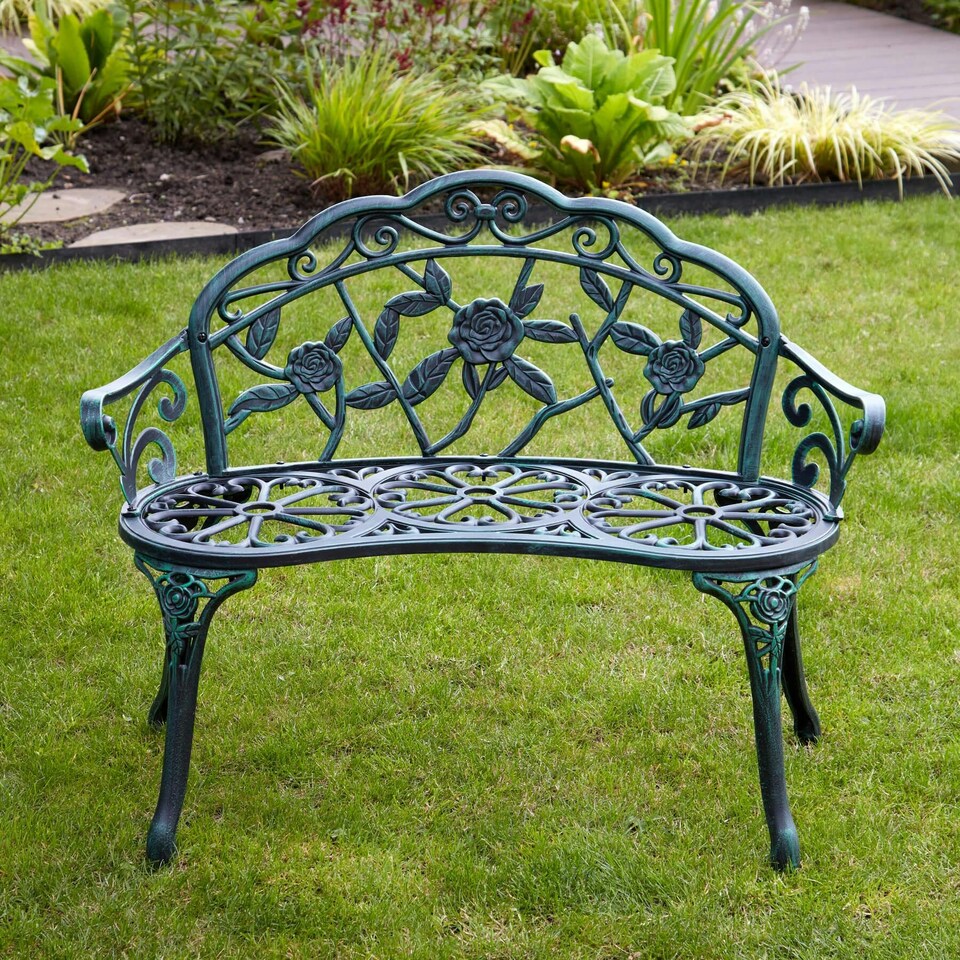 image 1 of Cast Aluminium Garden Bench Metal Frame 2 Seater Patio Chair Outdoor Seating Grey