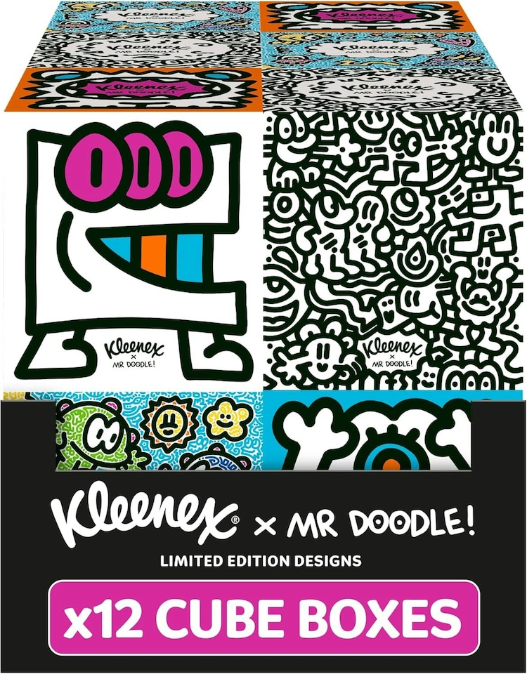 Kleenex x Mr Doodle Limited Edition Design Multipack Facial Tissues - 12 Cube Tissue Boxes, Designed in Collaboration with Mr Doodle.