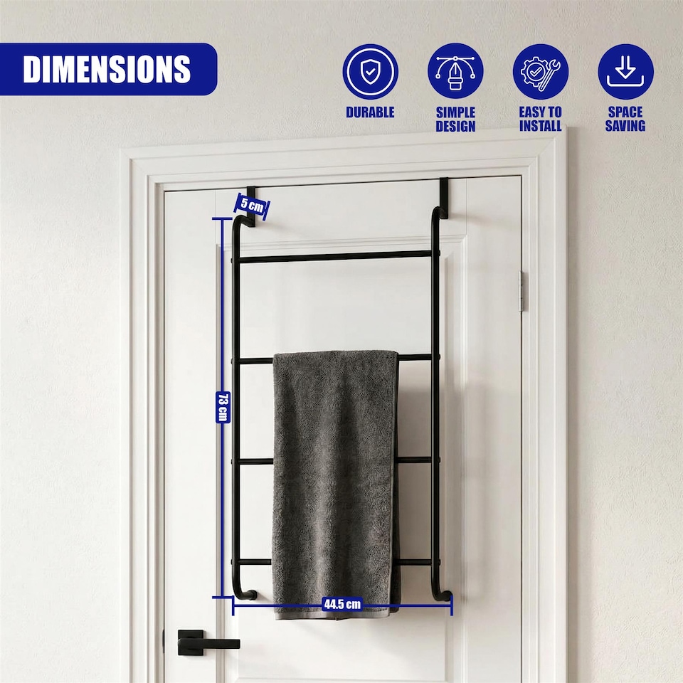 image 1 of GEEZY Over Door Towel Rail with 4 Bars Bathroom Organiser Rack Modern Steel Design