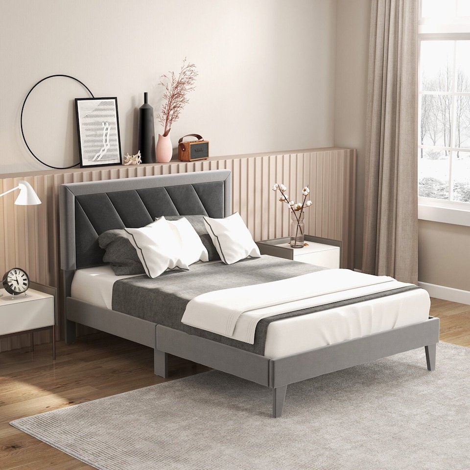 image 1 of COSTWAY Double Upholstered Platform Bed with Headboard Gray
