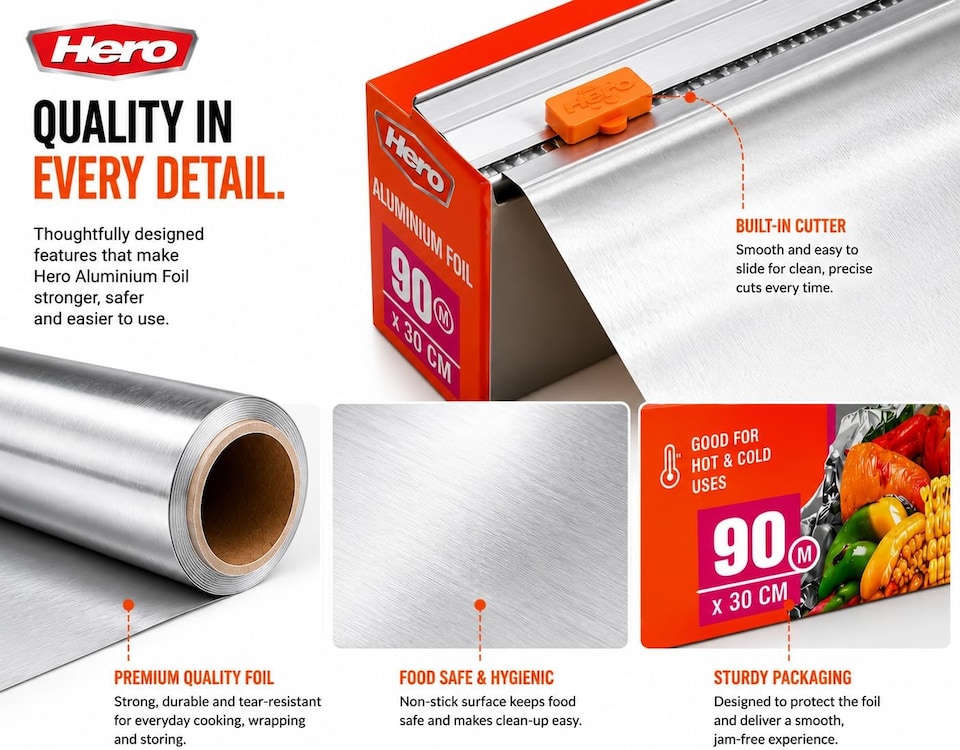 image 1 of Hero Strong Kitchen Foil Roll 90m x 300mm – Premium Aluminium Foil with Easy Cutter Dispenser | Non-Stick Foil for Cooking, Baking, BBQ & Food Wrapping