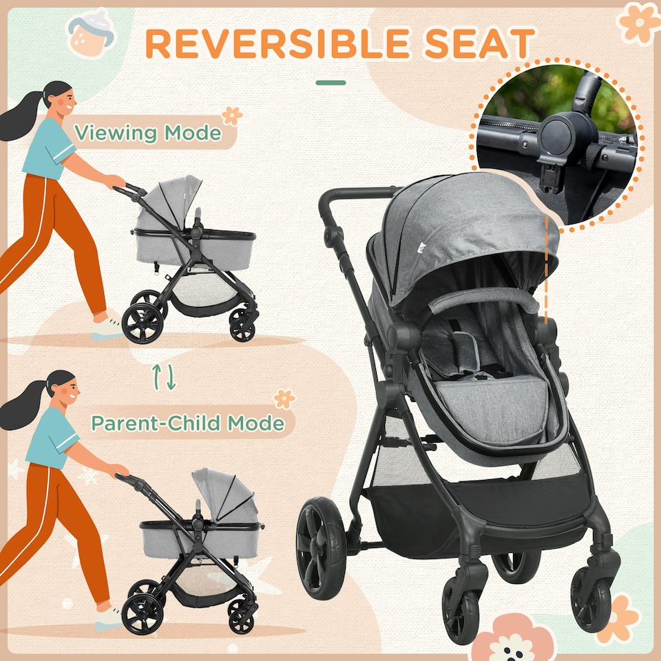 image 1 of HOMCOM 2 in 1 Pushchair Stroller w/ Reversible Seat Single Hand Foldable Grey