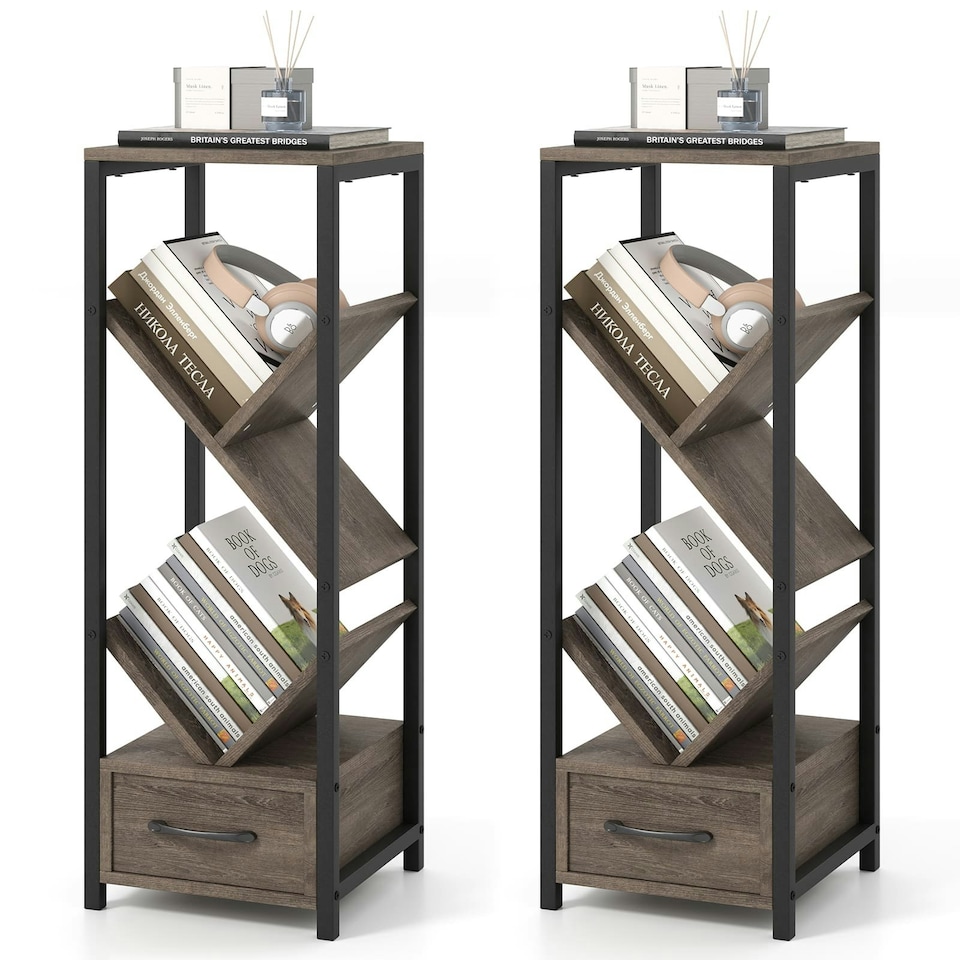 image 1 of COSTWAY 2 Pcs Tree Bookshelf 4 Tier Storage Bookcase with Drawer Grey