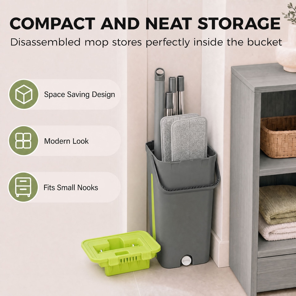 image 1 of HOMCOM Mop and Bucket Set, Compact Flat Mop System, Dark Grey and Green