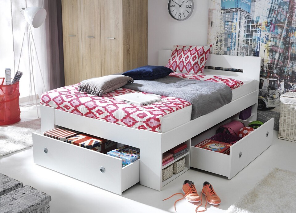 image 1 of White King Size Bed with Drawers Shelves Storage Frame Headboard 160cm Wooden Euro Wooden Slats Nepo