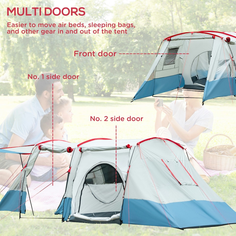 image 1 of Outsunny 6-8 Person Tunnel Tent, Two-room Camping Tent with Carry Bag, Grey