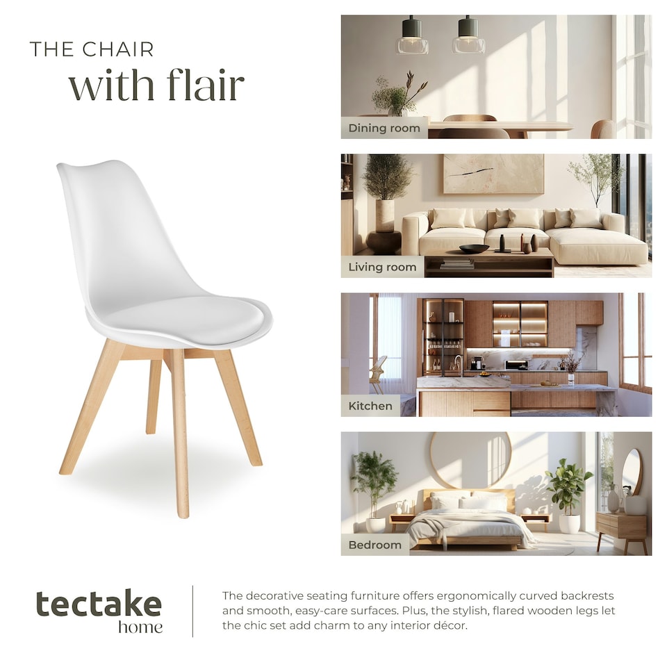 image 1 of Dining Chairs Frederikke - padded, ergonomic shape, wooden legs - Set of 8 White