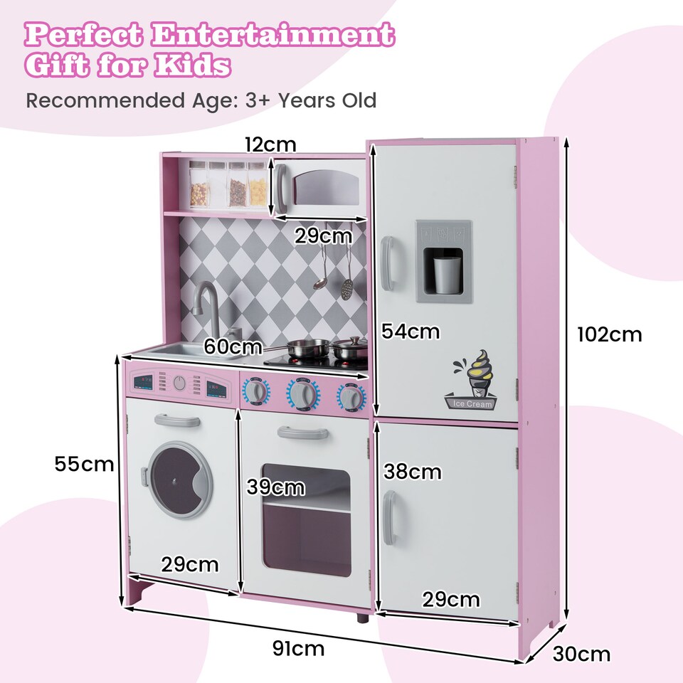 image 1 of COSTWAY Pretend Play Kitchen Kids Wooden Toy Set Kitchen Accessory Playset Pink