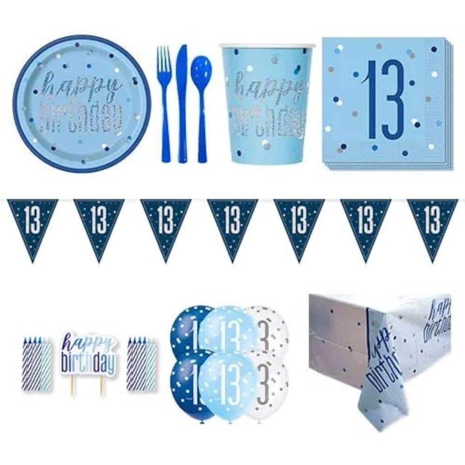 Blue Glitz 13th Birthday 8 Person Deluxe Party Pack
