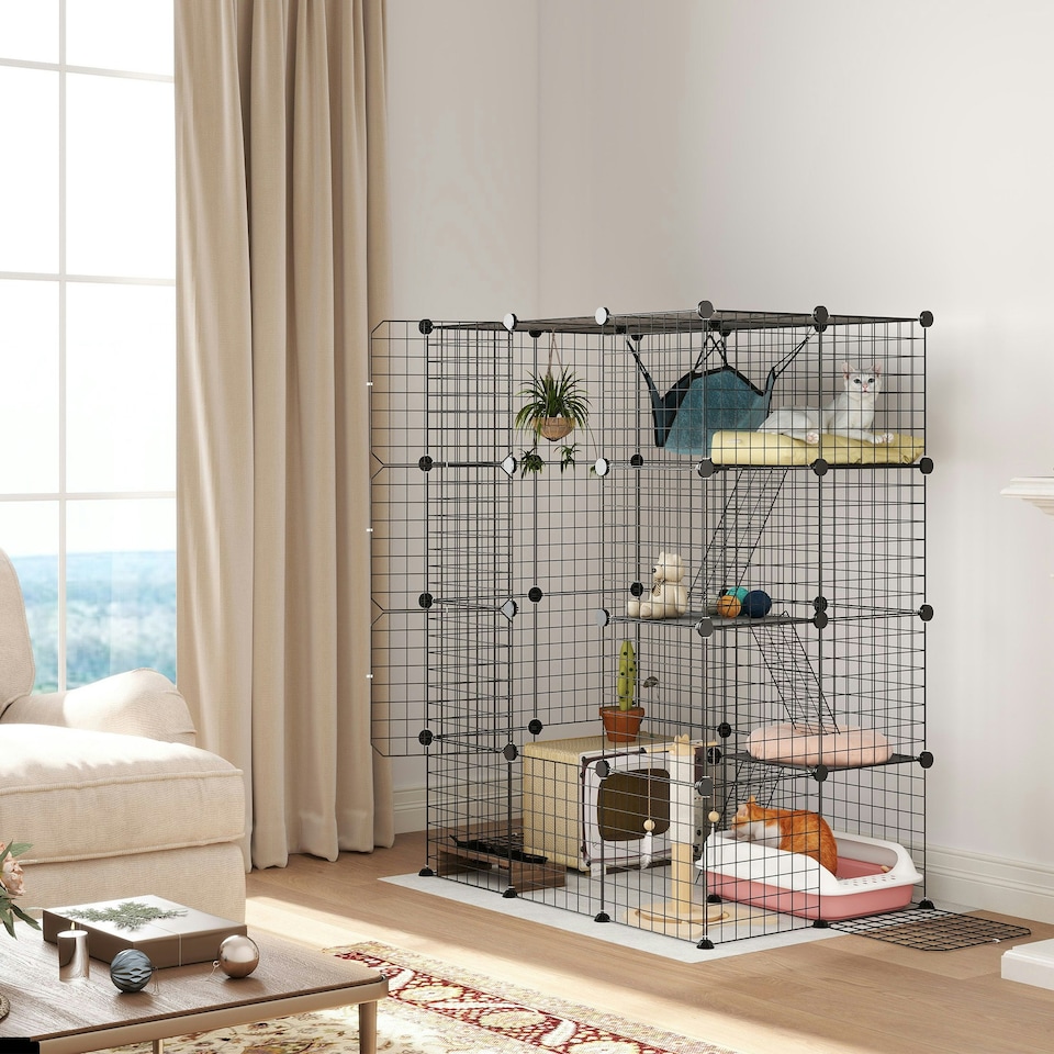 image 1 of PawHut Four-Tier Indoor Cat Cage, DIY Cat Playpen with Hammock, Ramps