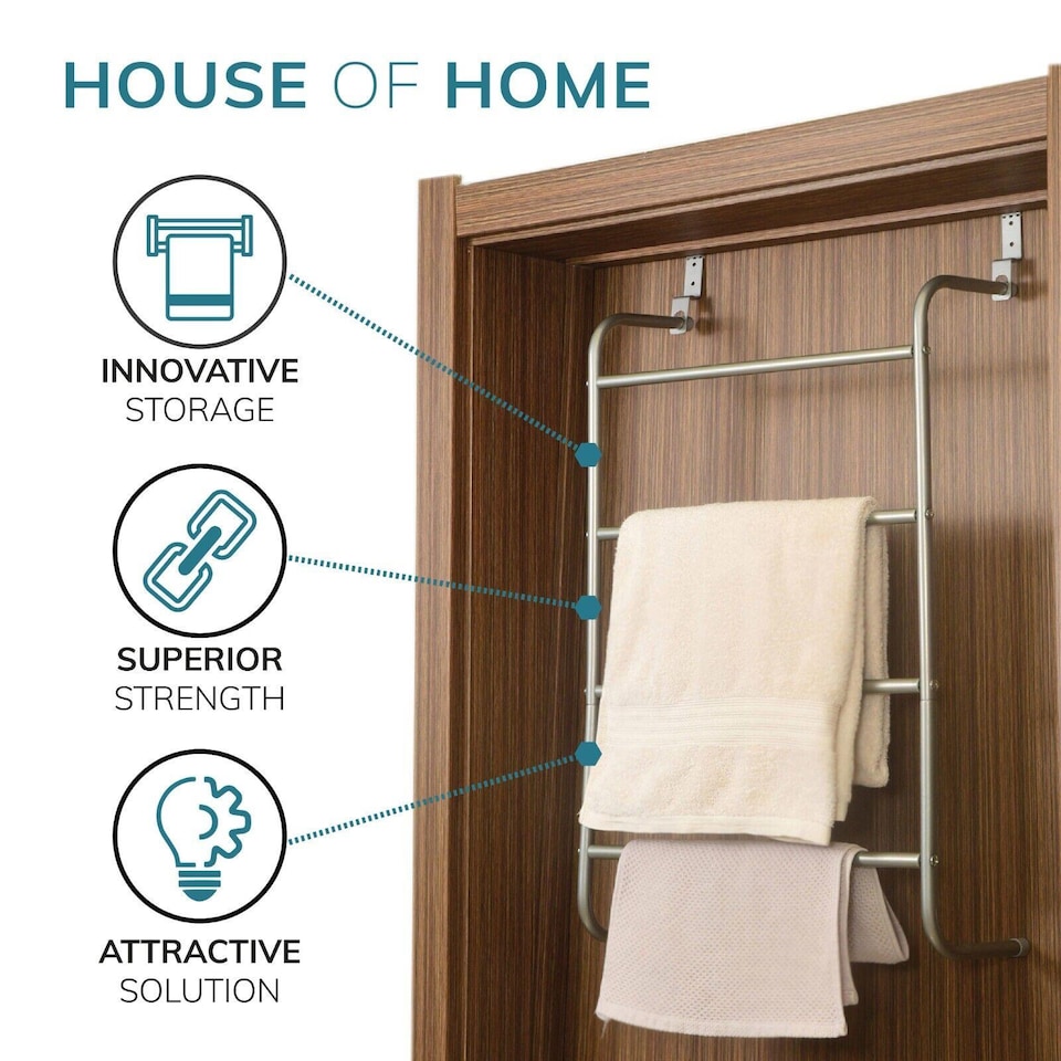 image 1 of House of Home Over-Door Towel Rack 4-Tier Bathroom Silver Storage Hanger Rail Bath Hand Towels