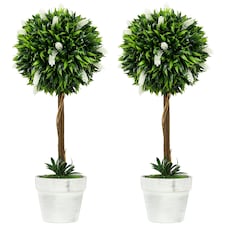HOMCOM Set of 2 Potted Artificial Plants Ball Tree with Flowers, Pink