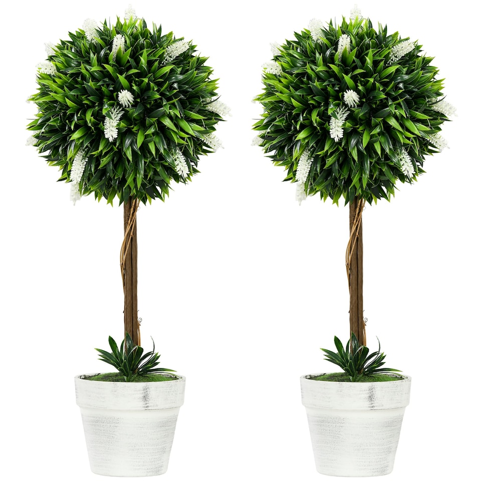 image 1 of HOMCOM Set of 2 Potted Artificial Plants Ball Tree with Flowers, Pink