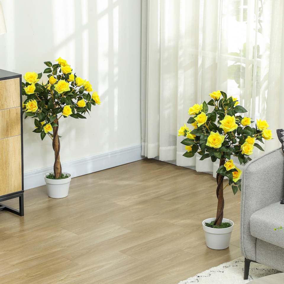 image 1 of Outsunny Set of 2 90cm3FT Artificial Rose Tree, Fake Decorative Plant with Pot, UV-Resistant FauTree for Outdoor Indoor Home Office Decor, Yellow