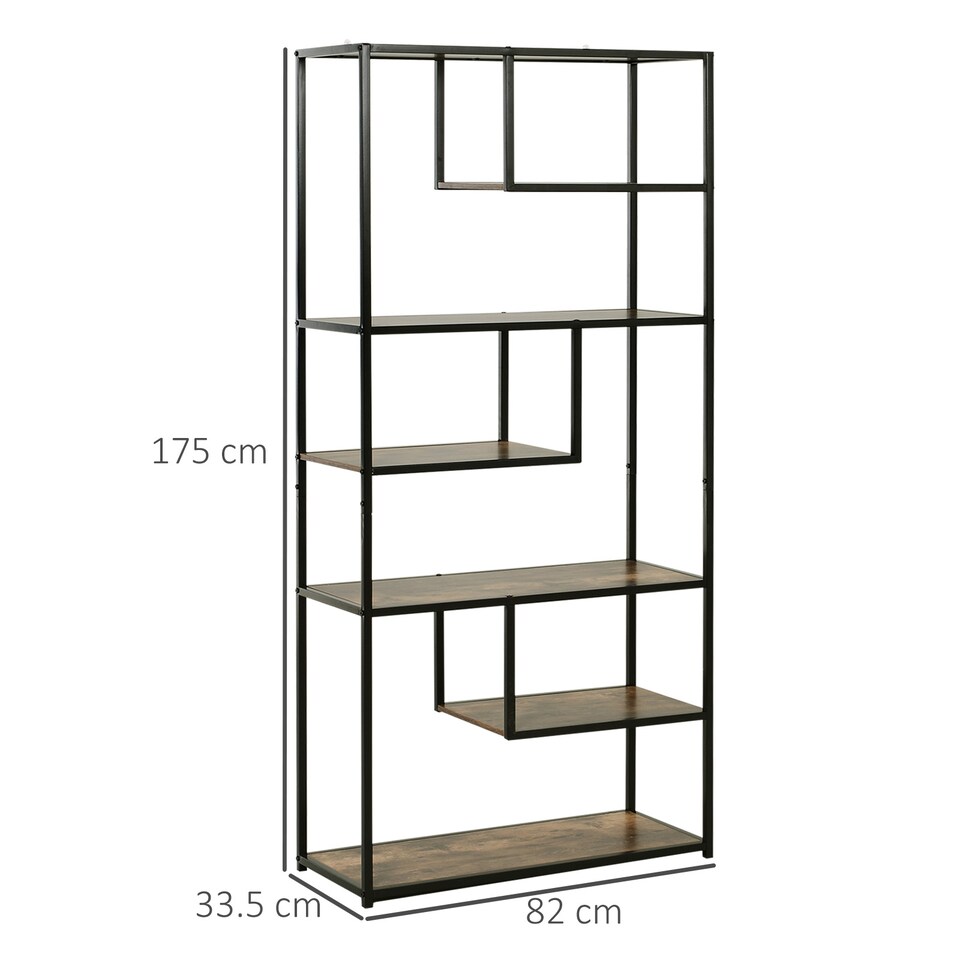 image 1 of HOMCOM 6 Tier Bookcase, Industrial Tall Shelf Unit with Steel Frame for Home Office, Study, Living Room, Hallway, 82 x 33.5 x 175 cm, Rustic Brown and Black