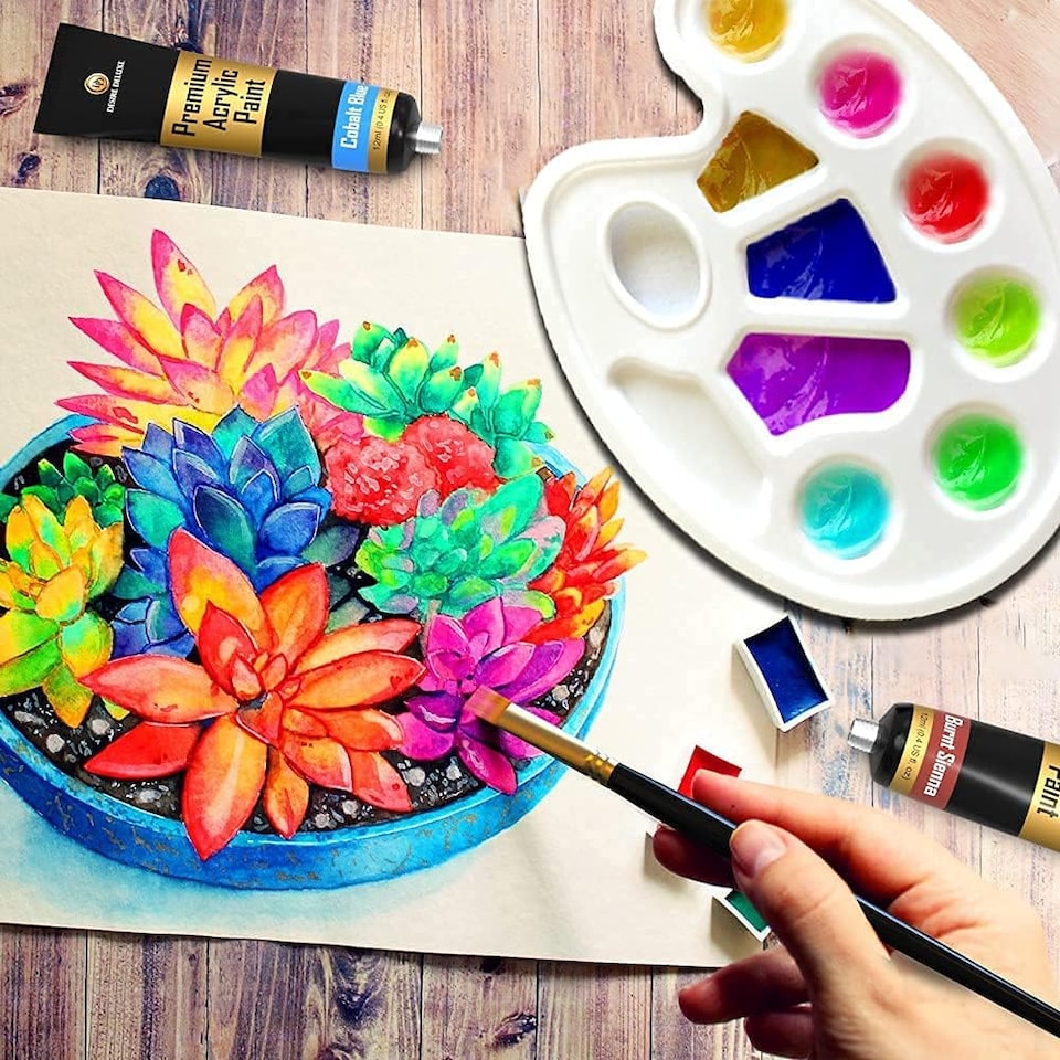 image 1 of Desire Deluxe Acrylic Paint Set School Art Supplies for Artist – 30pc Craft Kit for Rock, Wood, Ceramic, Canvas, Paper & Fabric – Include Mixing Knife, Sponge, Palette and 3 Sizes Premium Brushes