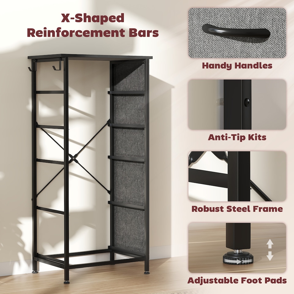 image 1 of HOMCOM Chest of Drawers, Dresser for Bedroom with 5 Fabric Drawers, Tall Storage Unit with 4 Pockets, 2 Hooks and Steel Frame for Living Room, Hallway, Charcoal Grey | Grey | Charcoal grey