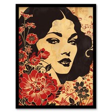 Beauty Bloom Woman Floral Portrait Black Framed Wall Art Print A4