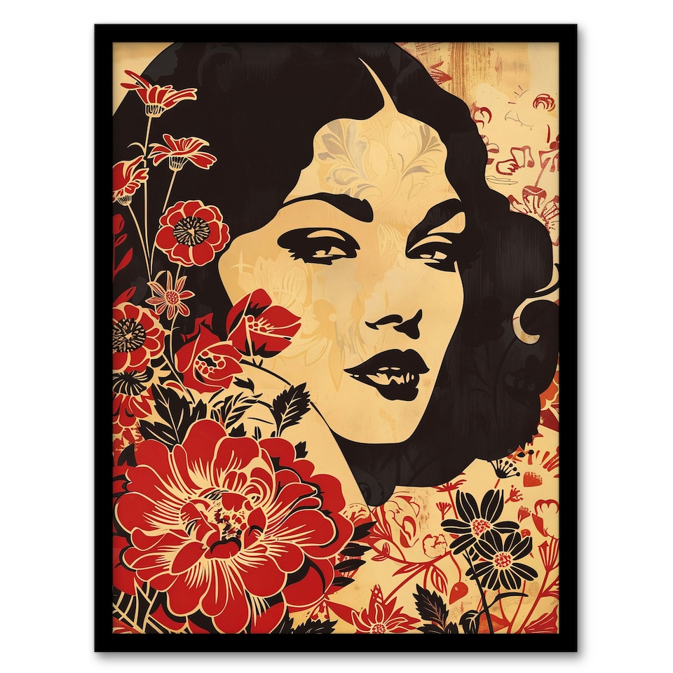 image 1 of Beauty Bloom Woman Floral Portrait Black Framed Wall Art Print A4