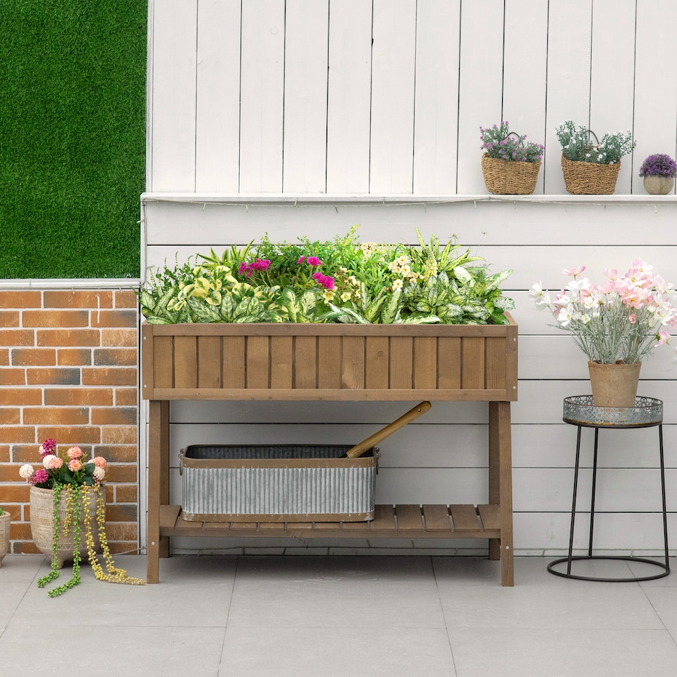 image 1 of Outsunny Wooden Herb Planter Stand 8 Cubes Bottom Shelf Raised Bed Natural