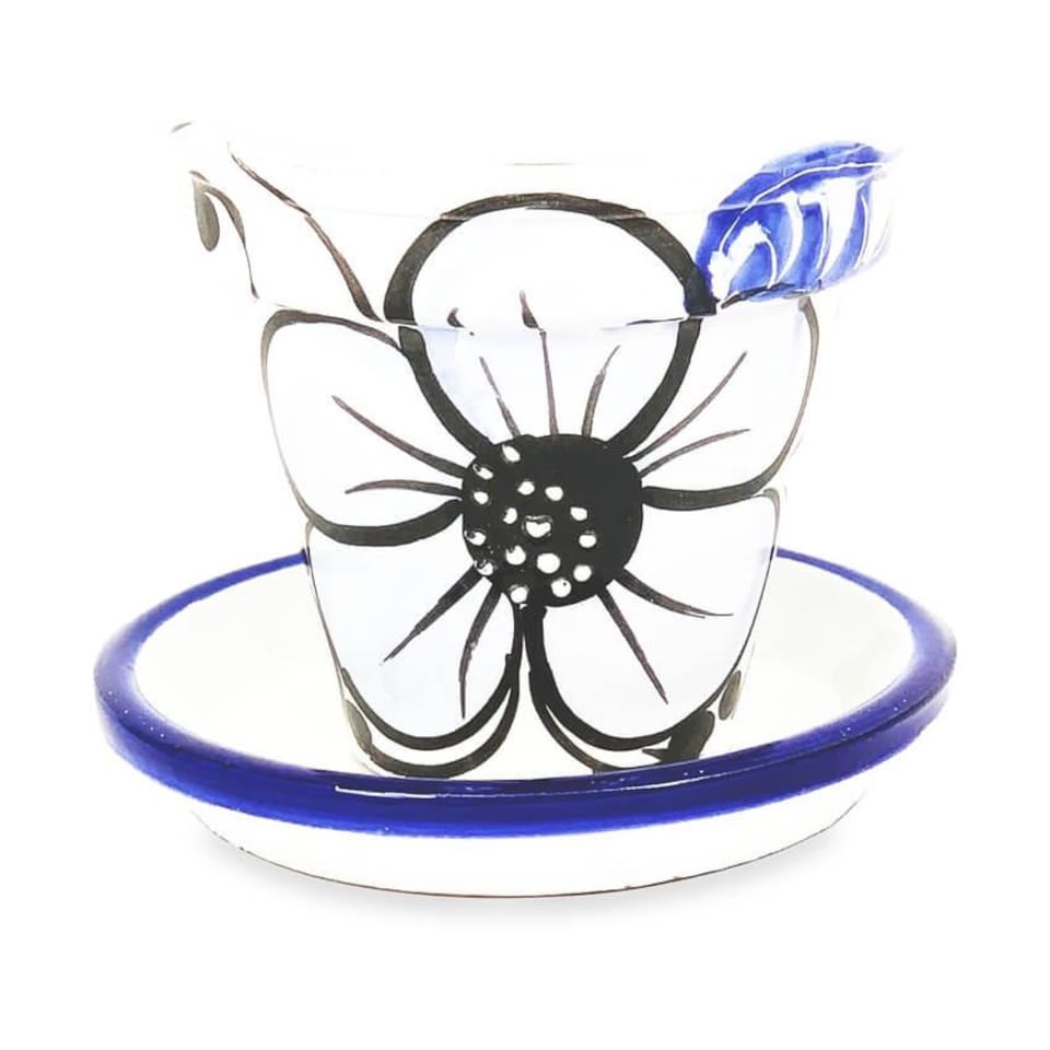 image 1 of Verano Spanish Ceramics Set of 3 Plant Pots & Drainage Plates - 16-29cm Blue Flower