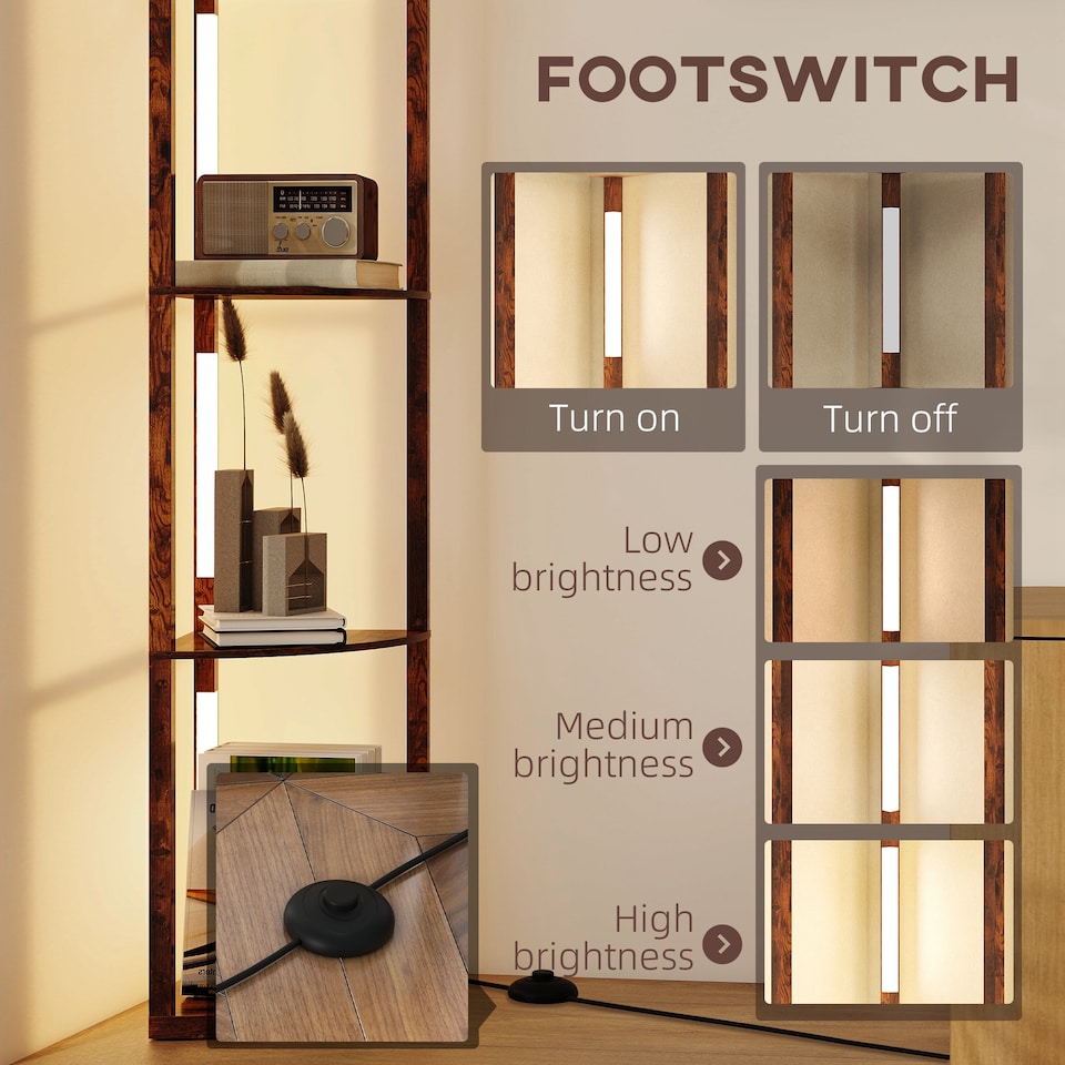 image 1 of HOMCOM LED Floor Lamp with Shelves, 4 Layers Dimmable Modern Standing Lamp with 3 Brightness Levels and Foot Switch for Living Room, Bedroom, Office, Rustic Brown