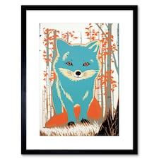 Cute Blue Fox Forest Glade Bright Woodland Baby Animal 9x7" Black Framed Wall Art Print