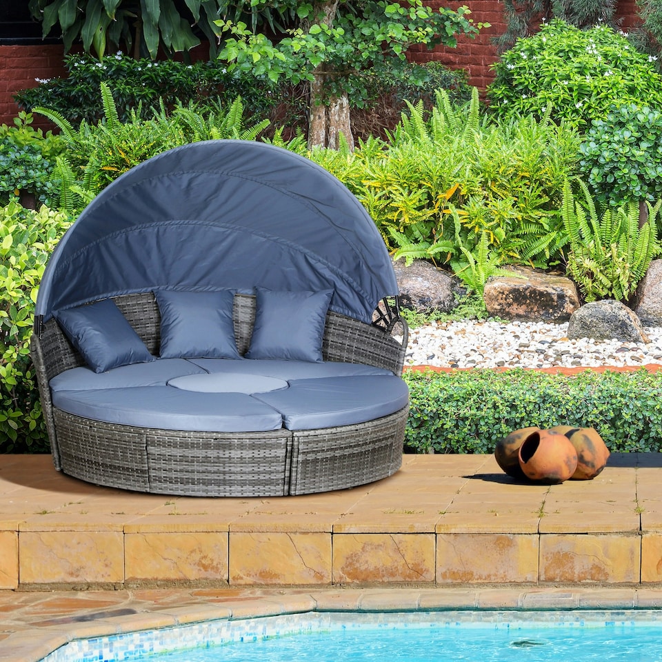 image 1 of Outsunny 4 PCs Cushioned Outdoor Plastic Rattan Round Sofa Bed Table Set Grey