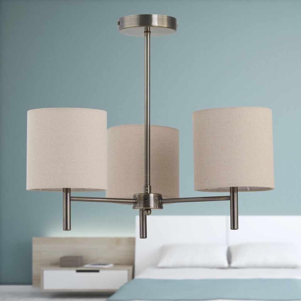 image 1 of Set of 2 Brea - Antique Brass Light Fittings with Natural Linen Shades | Yellow | Brown | 2