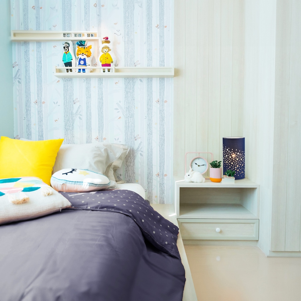 image 1 of Modern Stars Decorated Children/Kids Midnight Blue Cotton Bedside Table Light | Blue
