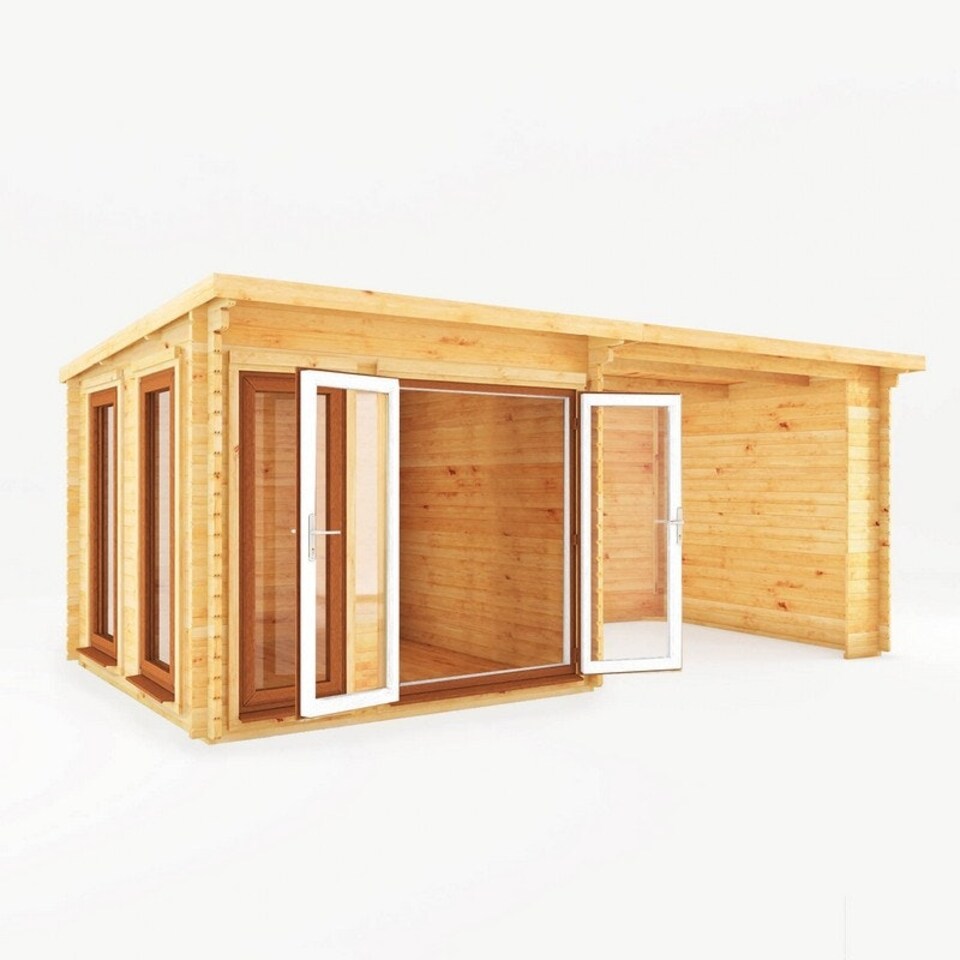 image 1 of 6 x 3 m Studio Pent Log Cabin with Patio Area with Oak UPVC Windows and Doors - 44 mm Timber - L333.5 x W591.1 x H249.4 cm - Brown Brown