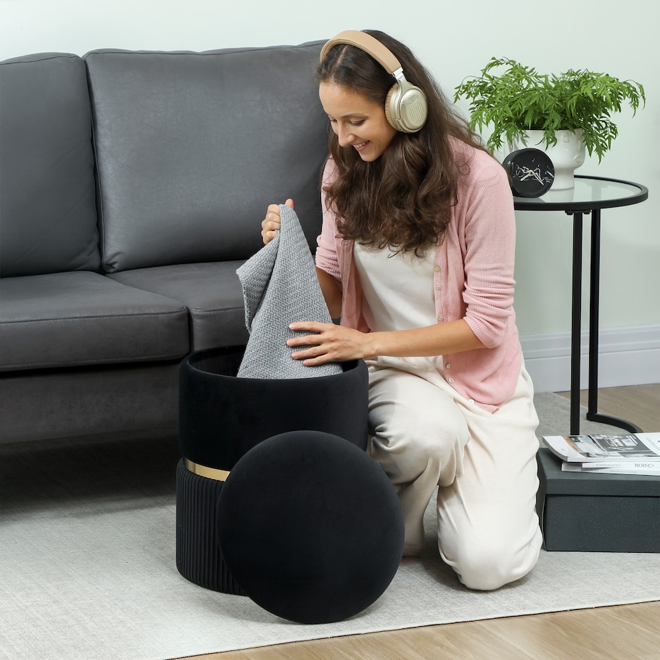 image 1 of HOMCOM Round Pouffe Storage Footstool with Hidden Space, Black | Black