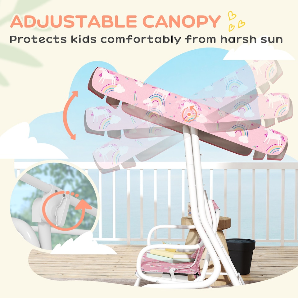 image 1 of AIYAPLAY Kids 2-Seater Porch Swing with Seat Belts, Adjustable Canopy Pink