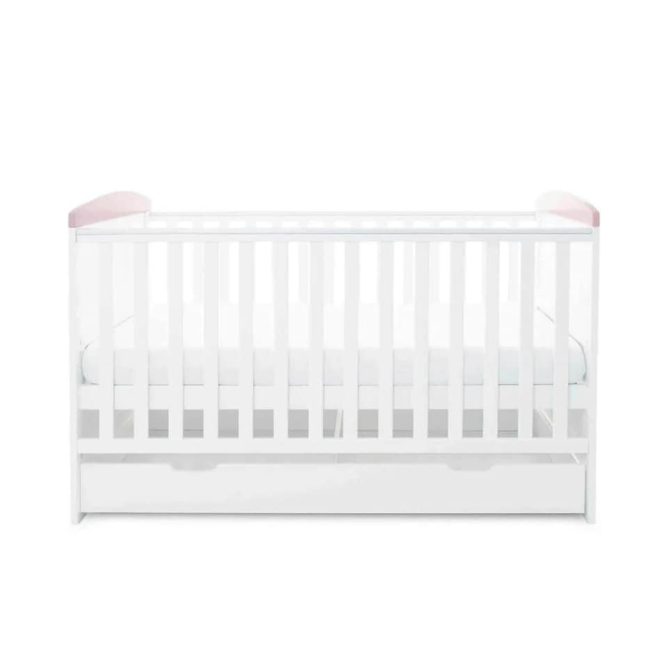 image 1 of Ickle Bubba Coleby Style Cot Bed with Under Drawer Elephant Love Pink - Premium Sprung Mattress
