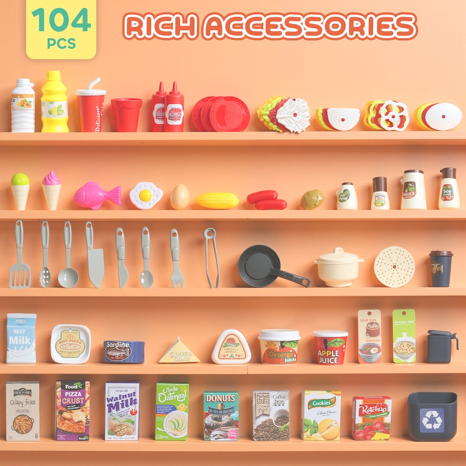 image 1 of AIYAPLAY Kids Play Kitchen Toy Kitchen Pretend Role Play Set 104PCS Accessories Including Realistic Lights & Sounds, Toy Food, Pots, Utensils, for 3-6 Years, Pink
