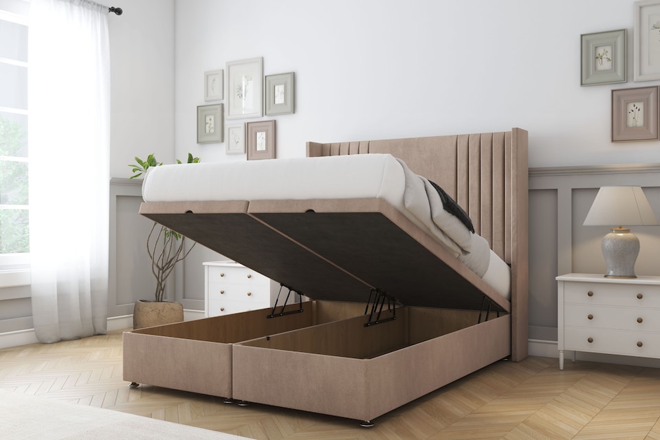 image 1 of Sloomy Camden Mink Naples Ottoman Bed Base With 54" Wingback Headboard 6' Super King | Brown | Mink | Super King | 1