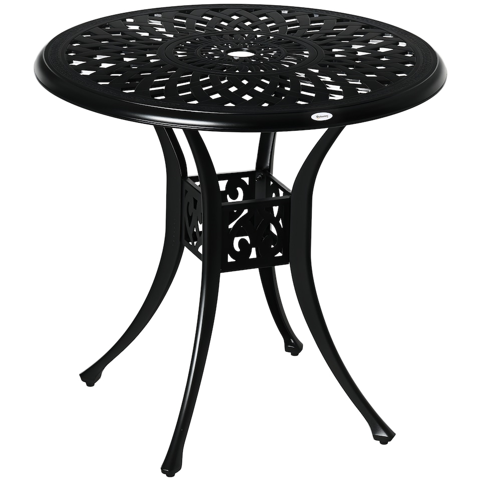 image 1 of Outsunny 78 cm Round Garden Dining Table with Parasol Hole Antique Cast Aluminium Outdoor Table Only, Black