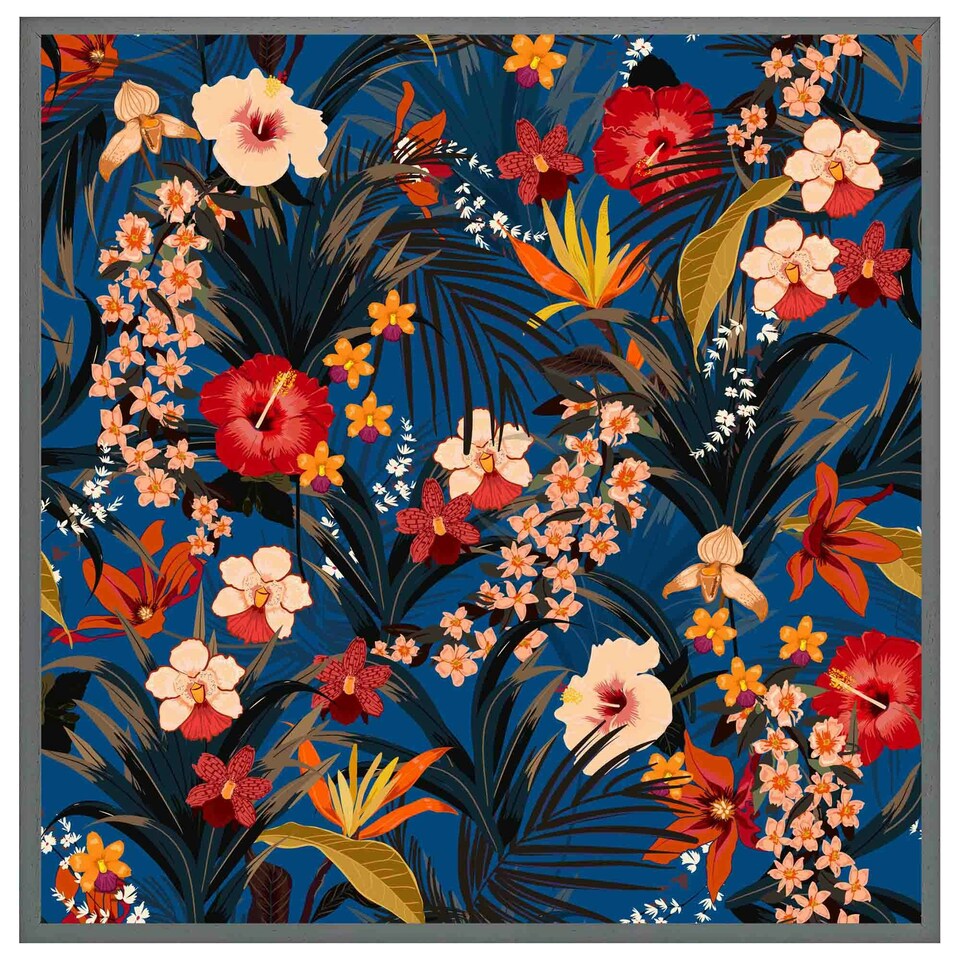 image 1 of Bright red & orange tropical flowers & plants (Picture Frame) Brown | XL