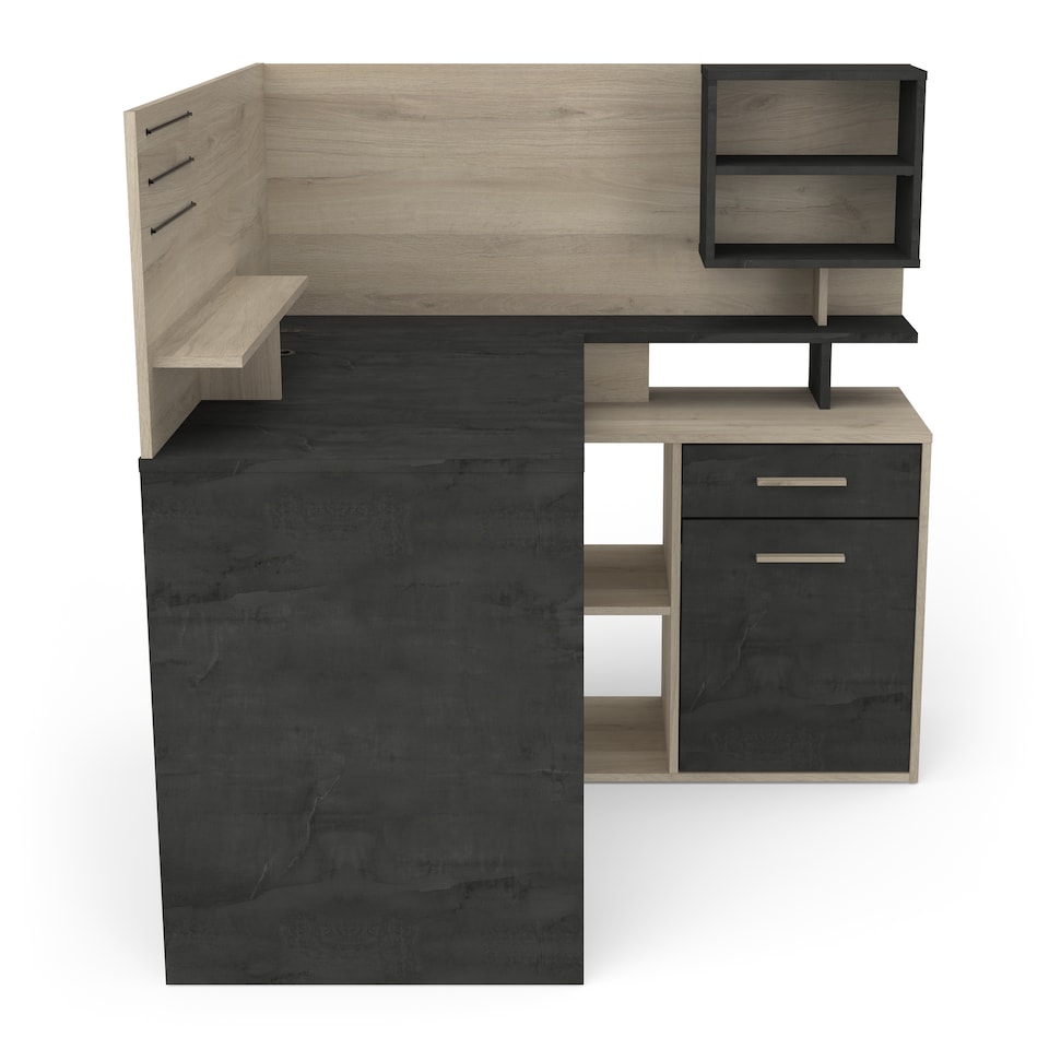image 1 of FURNICOMP Jade 1 Door 1 Drawer Black and Oak L Shaped Corner Office Desk With Hutch