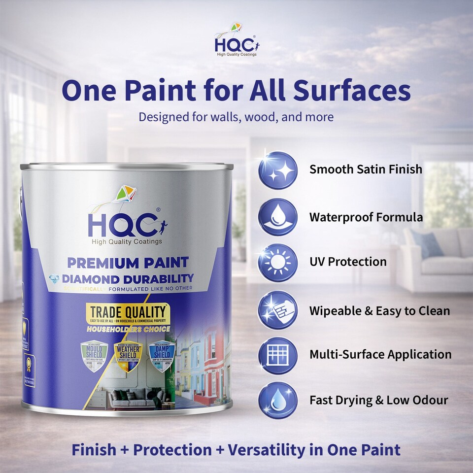 image 1 of HQC Satin Paint - Smooth, Durable Satin Finish For Walls & Ceilings - Satin Black - 2.5L