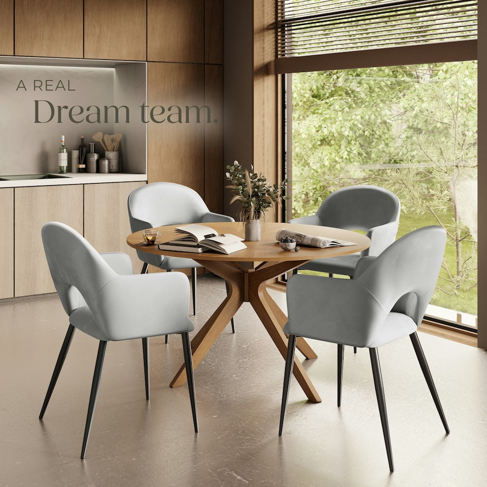 image 1 of Dining Chair Sasha- padded armchair in velvet look, continuous backrest - Set of 4 Grey | Light Grey