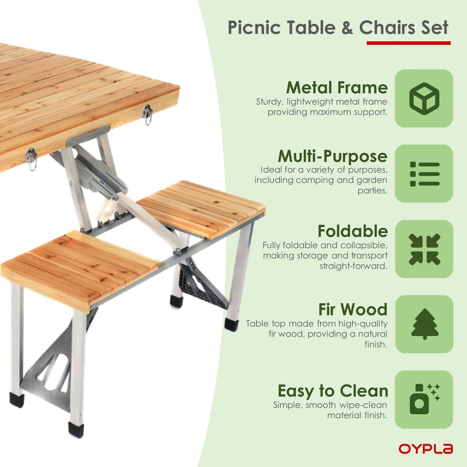 image 1 of Oypla Portable Wooden Folding Outdoor Picnic Table and Bench Set 4 Seats Brown