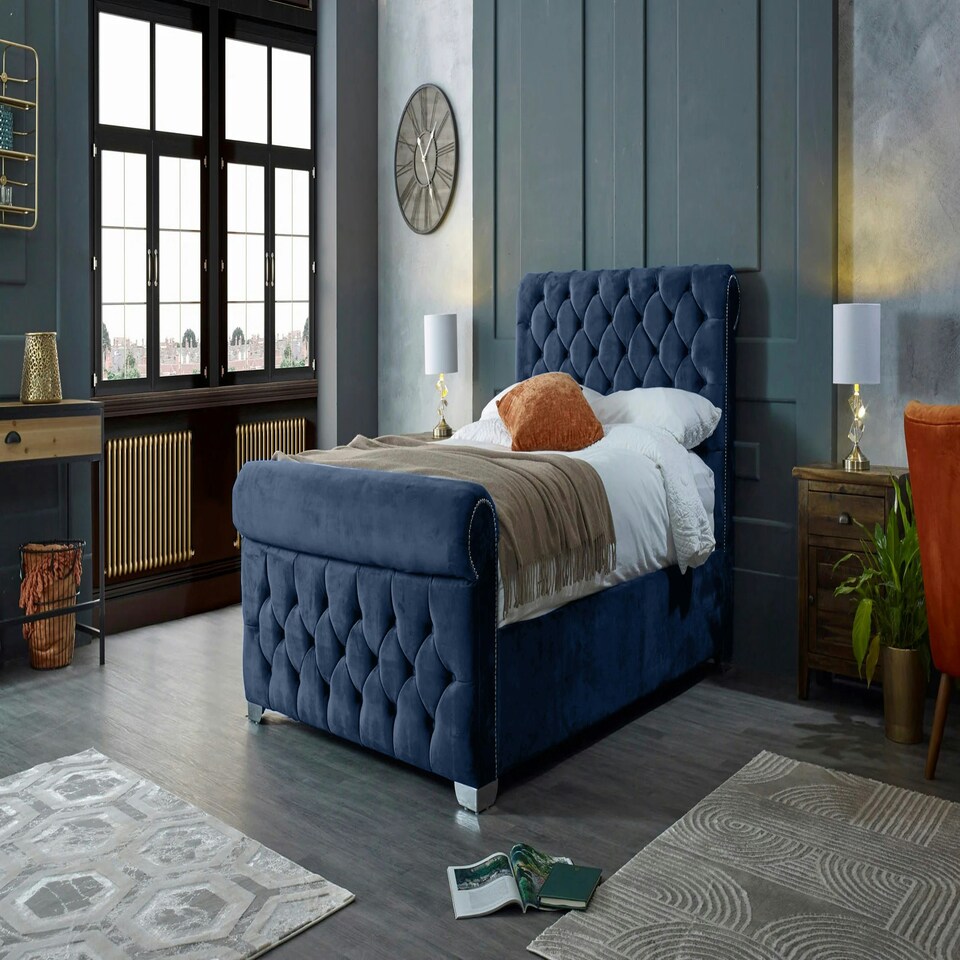 image 1 of Veneta Plush Blue Double Bed Frame - Blue
