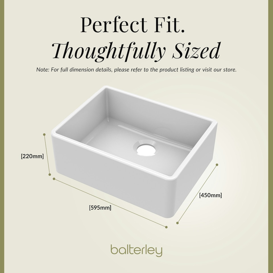 image 1 of 595mm - Single Bowl Fireclay Butler Kitchen Sink  -  Chrome Strainer Waste