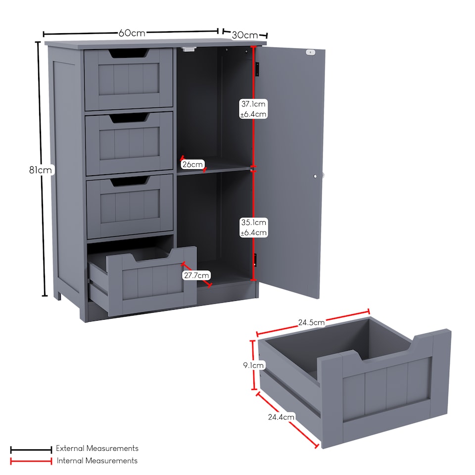 image 1 of Bath Vida Priano 4 Drawer 1 Door Freestanding Bathroom Storage Cabinet, Grey