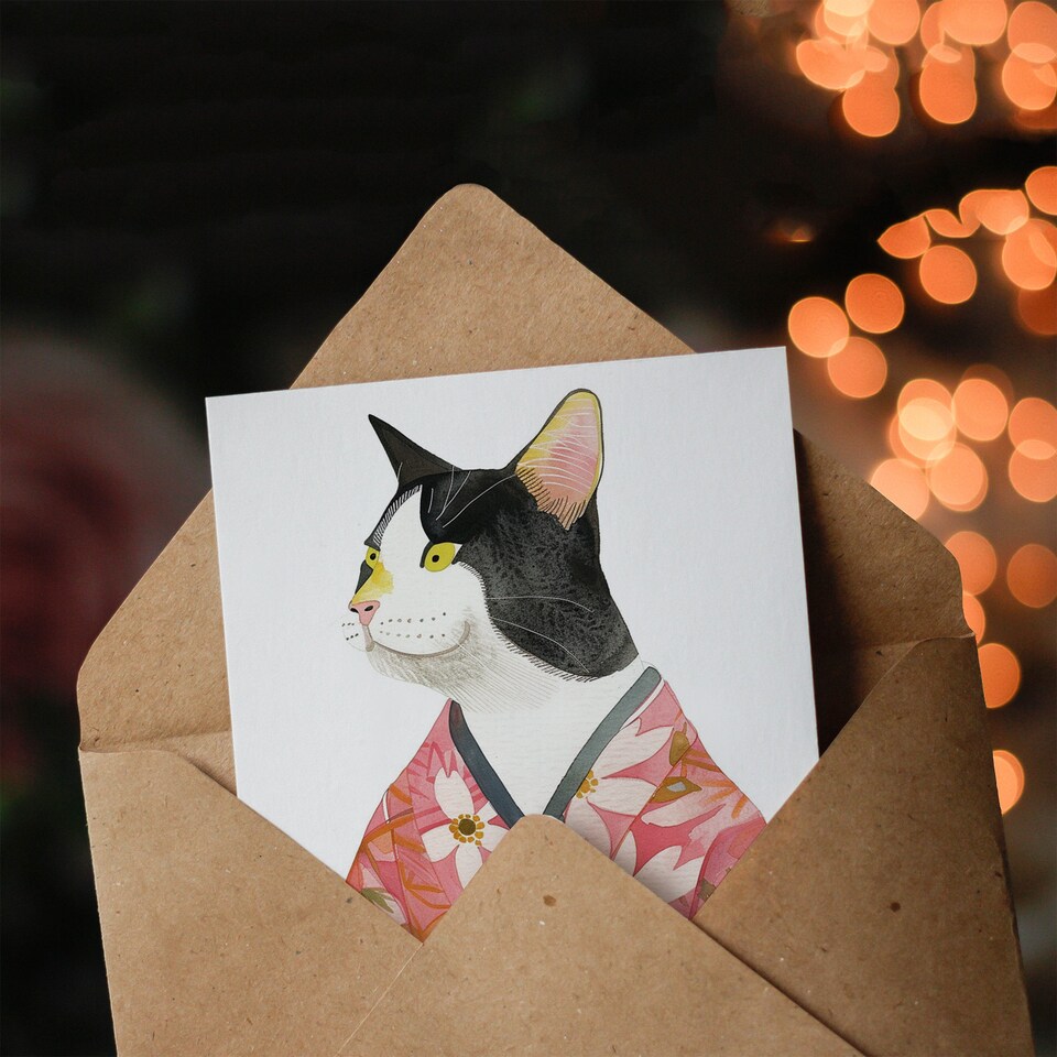 image 1 of Tuxedo Cat Lover Pet Pink Floral Japanese Kimono Birthday Card