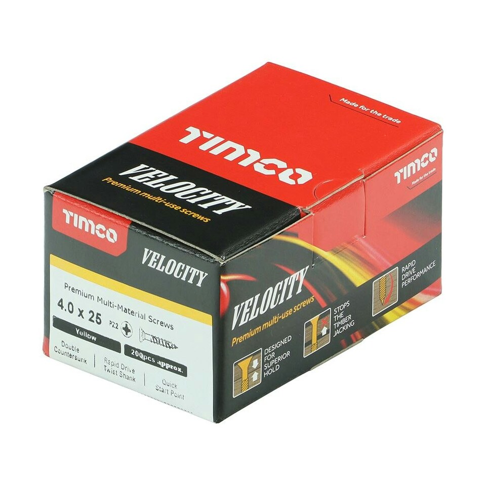 image 1 of Timco - Velocity Premium Multi-Use Screws - PZ - Double Countersunk - Yellow  (Size 4.0 x 25 - 200 Pieces)