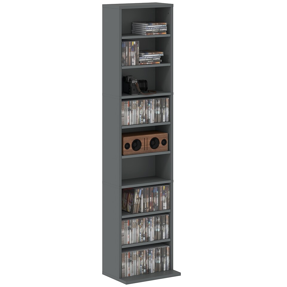 image 1 of HOMCOM 260 CD120 DVD Storage Unit, Blu-ray Media Storage Shelf with 9 Compartments and 6 Adjustable Shelves, CD Tower for Living Room, Bedroom, Office, Grey | Grey