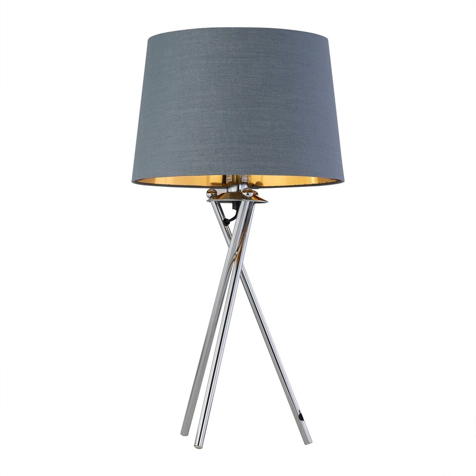image 1 of Tripod - Chrome Lamp with Grey & Gold Fabric Shade | Chrome | Grey | Large | 1